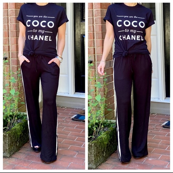 Black wide leg white side striped pants w/pockets - Picture 2 of 6